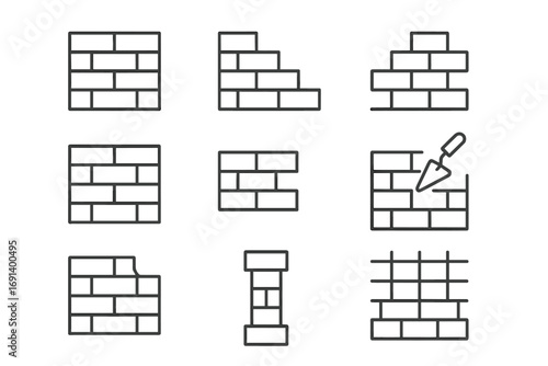 Brick wall line icon set. Construction and building industry symbols. Masonry, brickwork, and repair concepts. Vector graphic collection with editable stroke for web design.