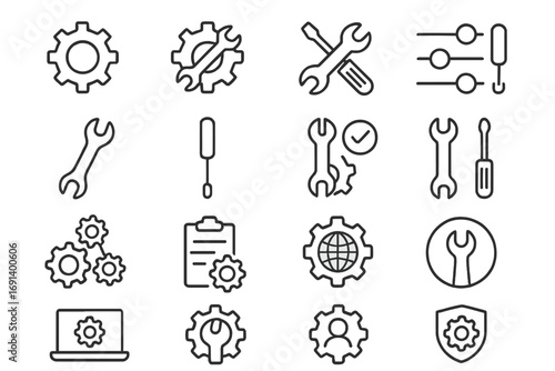 Settings icons collection with editable thin line stroke, wrench, screwdriver, gears, tools and adjustments symbols, vector cartoon illustration perfect for web, apps, books, cards