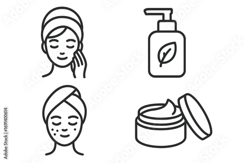 Skincare outline icon set for graphic design, web, apps, adverts, and digital cards. Includes facial care routine, natural lotion pump, moisturizing cream jar. Vector cartoon illustration.