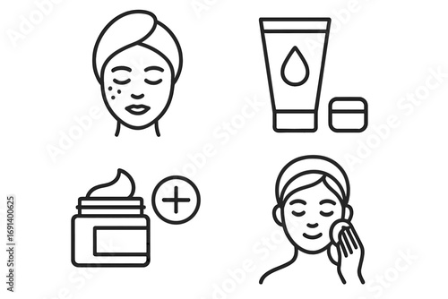 Skincare outline icons set for graphic design, web apps, adverts, cosmetics, facial care, beauty routine, moisturizer, cream jar, cleansing, spa treatment, transparent background, vector illustration