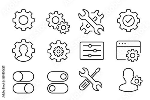 Thin settings icons set with editable strokes, gears, tools, sliders, toggle switches, user profile and configuration elements, perfect for web, apps, books, and cards design