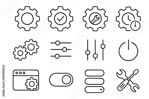 Settings icon set thin line editable stroke for web apps, UI design, software tools, control panel, system adjustments, configuration, and technology interface vector collection
