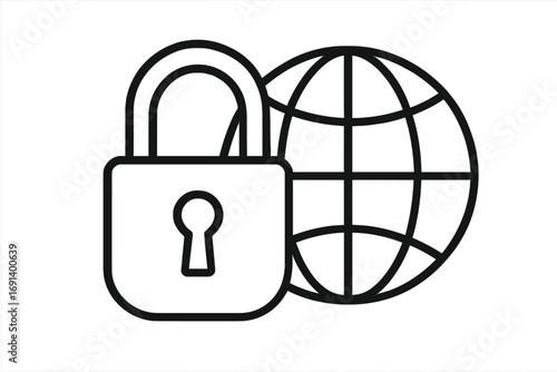 Share by Planet globe outline with padlock icon for global security and internet privacy concept, vector cartoon illustration for graphic design, apps, adverts, and cards