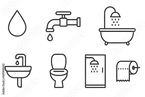 Bathroom fixtures and plumbing line icon set. Minimalist vector illustration of a faucet, sink, toilet, shower, bathtub, and water drop. Simple hygiene symbols.