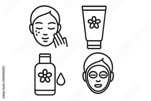 Skincare routine icons set with facial cleanser cream serum and face mask symbols, vector cartoon style outline images for beauty, skincare apps, web design, adverts and cards