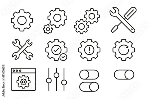 Set of thin editable stroke settings icons for web, apps, books, cards, and digital projects, including gears, tools, toggles, controls, and settings adjustments vector illustration