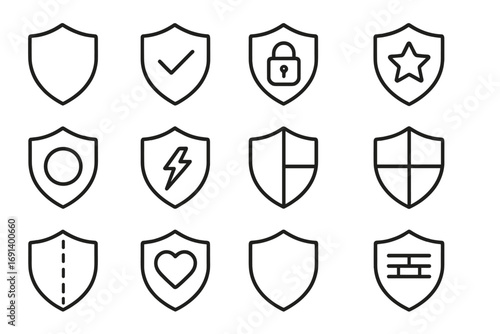 Shield bundle of thin line icons with editable stroke for web design, books, cards, apps and digital projects. Vector illustration set of security, protection, defense symbols in cartoon style
