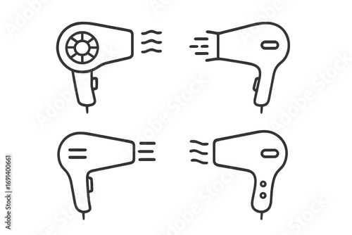 Hair dryer icon set. Simple linear pictogram collection. Minimalistic outline symbols for web, apps. Hair care, beauty salon, hairdressing, styling concept. Blow-dry vector.