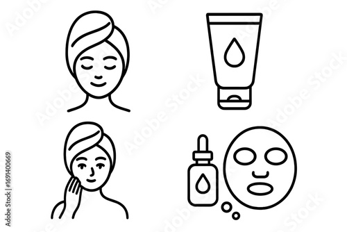 Skincare outline linear icons set with facial mask, serum dropper, cream tube, and woman with turban applying skincare, beauty routine, spa, wellness vector illustration