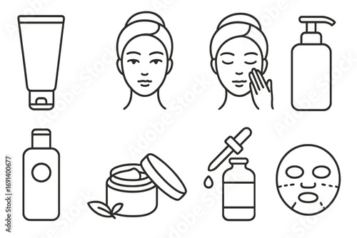 Skincare outline icons set for graphic design, web, apps, adverts, beauty routine concepts, facial care products, cream jar, serum dropper, moisturizing lotion, face mask cartoon vector