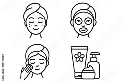 Skincare routine icons set in outline linear style with facial treatment, face mask application, cleansing, moisturizing cream, cosmetic beauty concept, health care vector