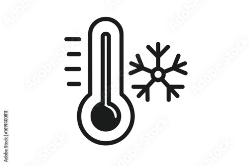 Minimalistic snowflake and thermometer icon symbolizing cold temperature, winter weather, frost, and freezing conditions for web design, apps, social media, and banners