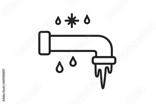 Minimalistic linear icon of frozen water pipe with icicles and snow drops, winter plumbing freeze warning symbol, vector line art for web graphics, apps, banners, and social media design