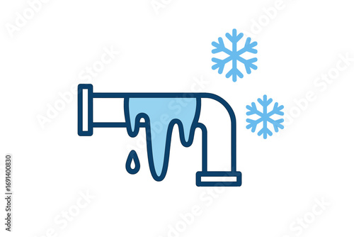 Frozen water pipe with icicles and dripping water, winter frost damage concept, minimalistic linear vector icon illustration for apps, web, banners, social media, cards