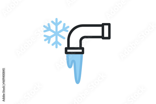 Frozen water pipe with icicle and snowflake symbol, cold weather pipe burst risk, winter frost damage, plumbing freeze protection, minimalistic vector icon for graphic design and web apps