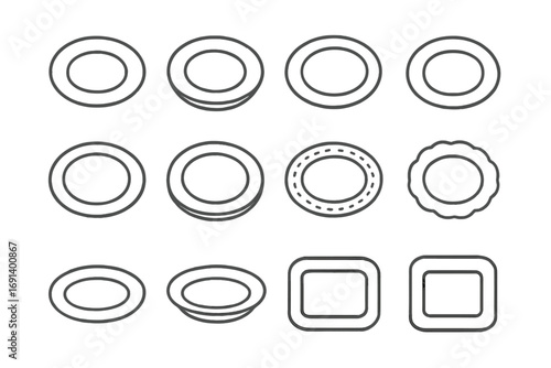 Plate line icon set. Tableware outline pictograms. Kitchenware collection. Empty dish, bowl symbol. Dinner, lunch, food concept. For restaurant menu, web design, apps. Vector.