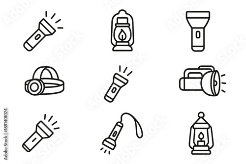 Vector icon collection of flashlights, torches, and lanterns. Outline graphic illustration of portable lighting, camping equipment, emergency gear, and hiking essentials.