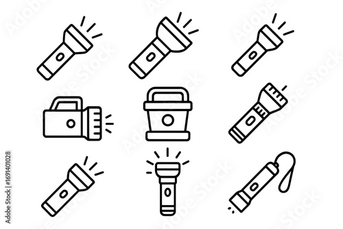 Flashlight torch line icon set. Vector collection of light, lamp, lantern and searchlight symbols for web design. Emergency, camping and hiking equipment pictogram bundle.