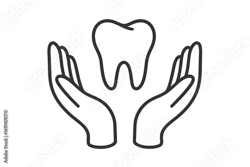 Tooth between hands care concept, editable stroke vector illustration for dental health designs, books, adverts, apps, oral hygiene protection symbol with transparent background