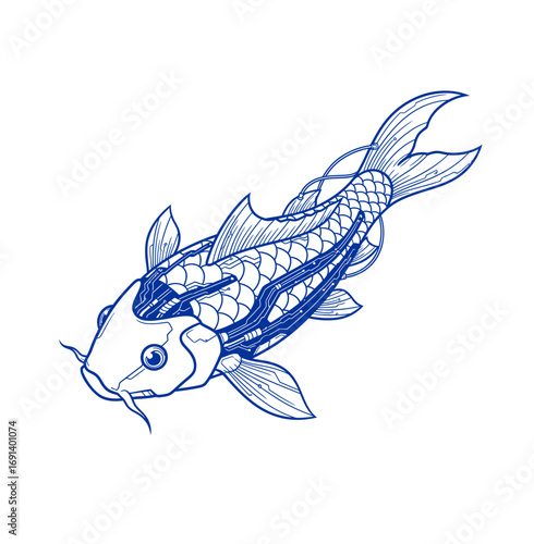 Striking cybernetic koi fish art with intricate blue circuit details