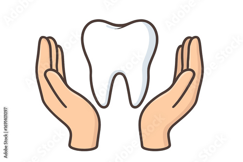 Hands holding tooth symbol isolated on white background, dental care icon, oral hygiene concept, healthy tooth protection, dental health illustration for websites, apps, and design