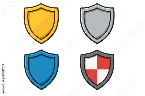 Set of four colorful shield vector cartoons for design, protection emblem collection with yellow, silver, blue, red and white heraldic styles, flat icon illustration, transparent background