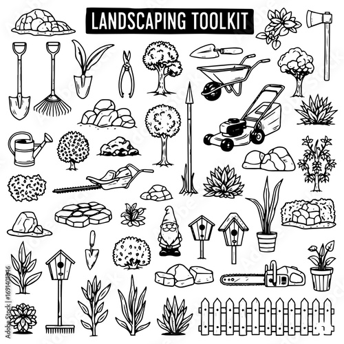 Detailed Hand-Drawn Landscaping  Gardening Tools, Plants, Rocks, Structures  Garden Elements Doodle Set