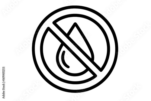 Water prohibition icon, no water drop sign, liquid forbidden symbol, no water allowed vector graphic, minimal line art, linear design for apps, books, adverts, and graphics, transparent background