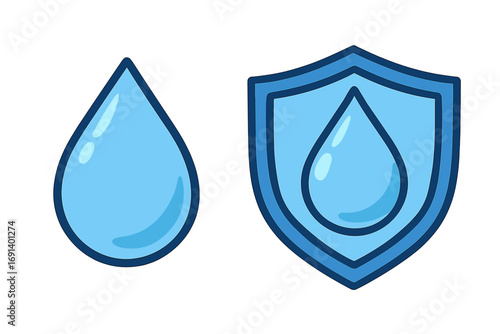 Water drop and shield icon set, protection and purity symbols, blue cartoon vector illustration for graphic design, websites, cards, books, articles, clean transparent background