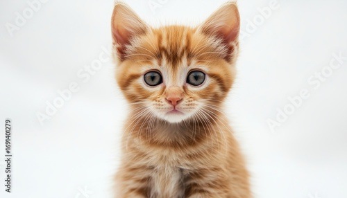 Stunning Brown Kitten Sitting On White Background With Close-Up Of Muzzle: A Gorgeous Feline Portrait In Focus.