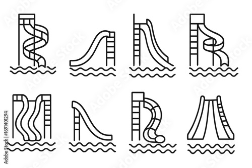 Aquapark vector icon set. Water slide line icons. Summer swimming pool fun and recreation. Waterslide attraction pictogram collection for web and mobile apps. Editable stroke.