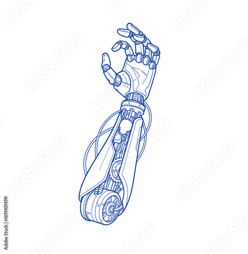 Futuristic robotic arm with intricate gears showing OK gesture