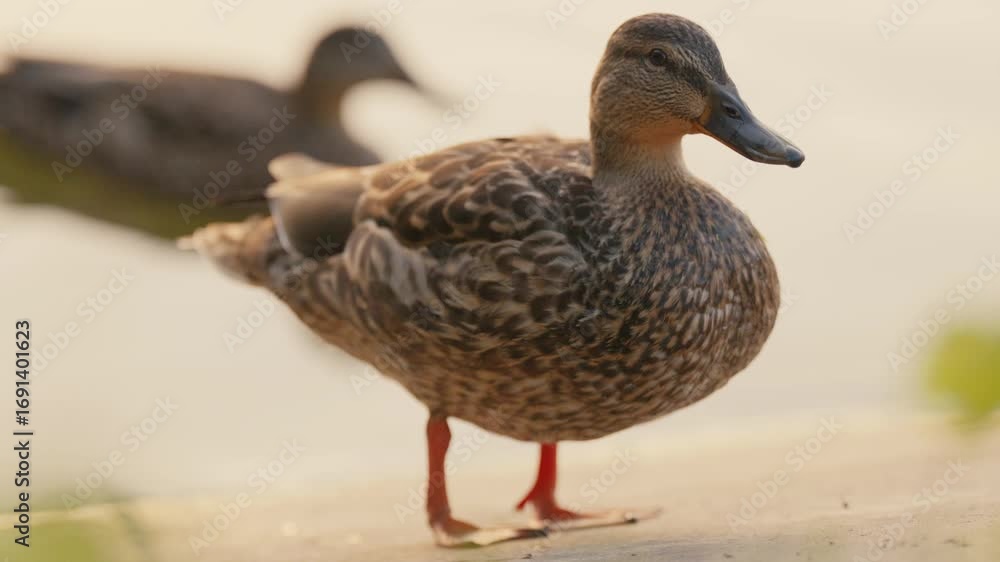 A close-up shot of a duck standing proudly with another one behind it in blurred background. A close-up shot of a duck standing proudly with another one behind it in blurred background.