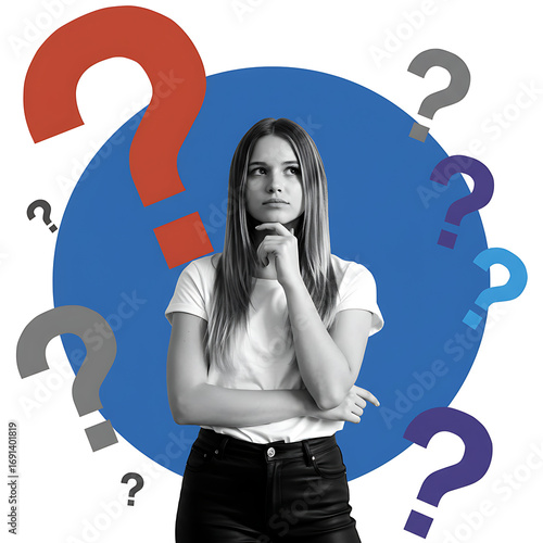 A young woman with a thoughtful expression stands in front of a blue circle, surrounded by numerous question marks of various sizes and colors, symbolizing c...