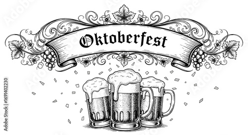 vintage sketch oktoberfest celebration with three beer mugs and banner ribbon lettering illustration - hand drawn doodle black outline vector on a white background svg