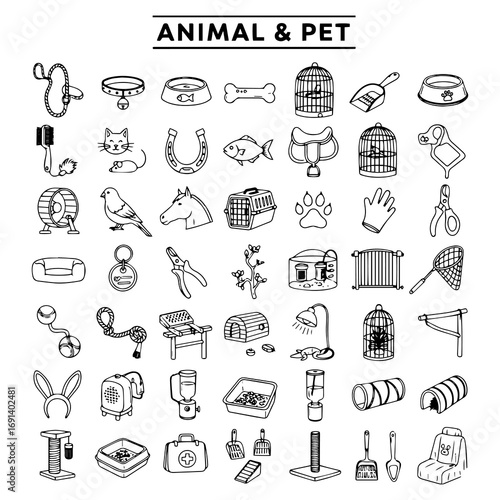 Extensive Hand-Drawn Black and White Line Art Icon Collection of Animal  Pet Supplies, Accessories, Grooming Tools, Food, and Diverse Animals