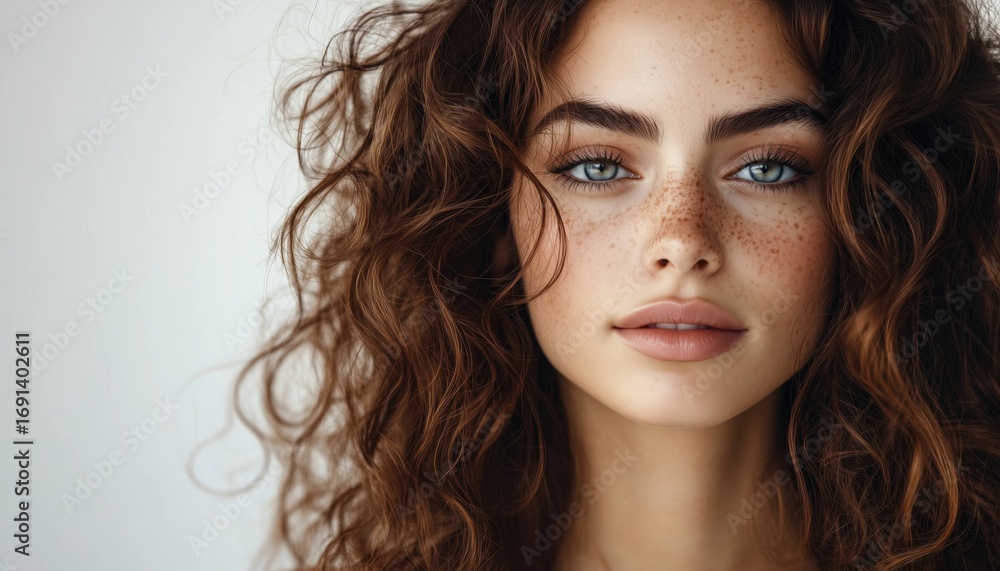 Naklejka premium Portrait Of A Stunning Young Woman With Luxurious Brunette Curly Hair, Showcasing Her Beauty And Elegance In A Striking Image.