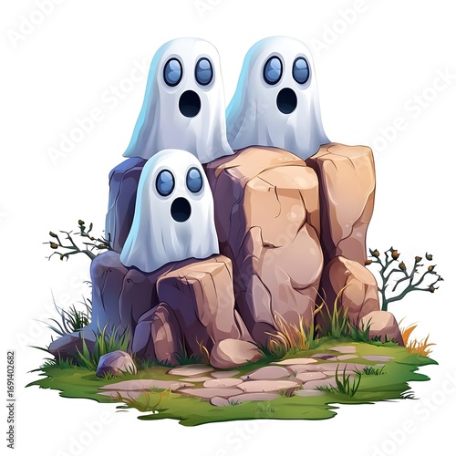 Three cartoon ghosts exclaiming from rocky terrain, embodying fun and spooky themes, perfect for Halloween fun.