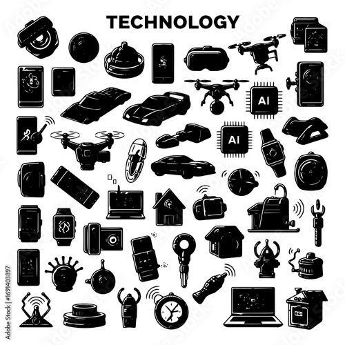 Diverse Collection of Modern Technology and Smart Gadget Icons Illustrating Digital Devices and Future Innovations