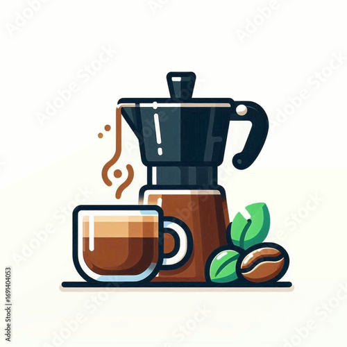 A moka pot pouring coffee into a cup next to coffee beans and leaves