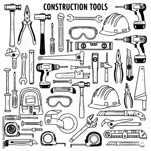 Black and white hand-drawn illustration showcasing a comprehensive collection of construction and handyman tools, including drills, hammers, saws, wrenches, and safety gear.