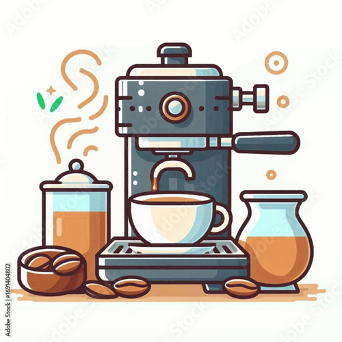 An espresso machine pours coffee into a cup beside a jar of beans and a jug of liquid