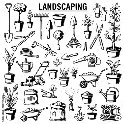 Comprehensive black and white line art illustration showcasing a diverse collection of landscaping and gardening tools, equipment, and potted plants for outdoor work.