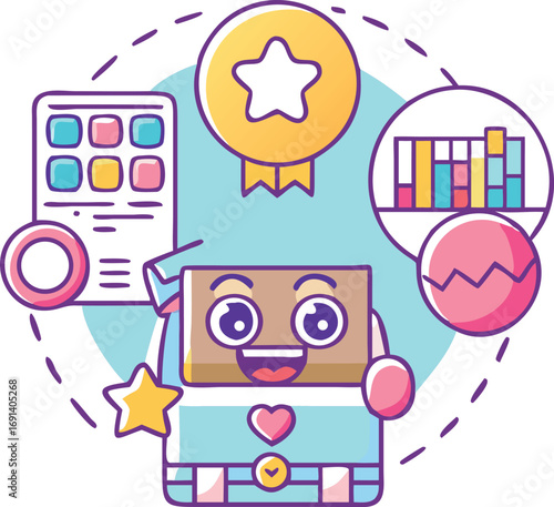 Kawaii smiling toggle, lottery ticket, colorful art button, stats chart, and loot chest.