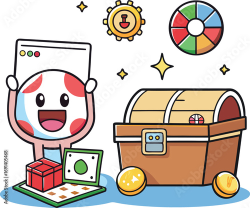 Cute chibi-style toggle, lottery ball, chart, and loot chest with smiling faces.
