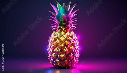 Vibrant, golden pineapple illuminated in neon colors