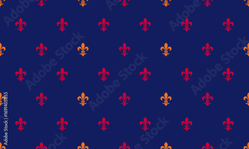 Elegant repeating pattern of fleurdelis in vibrant red and orange hues on a deep blue background.