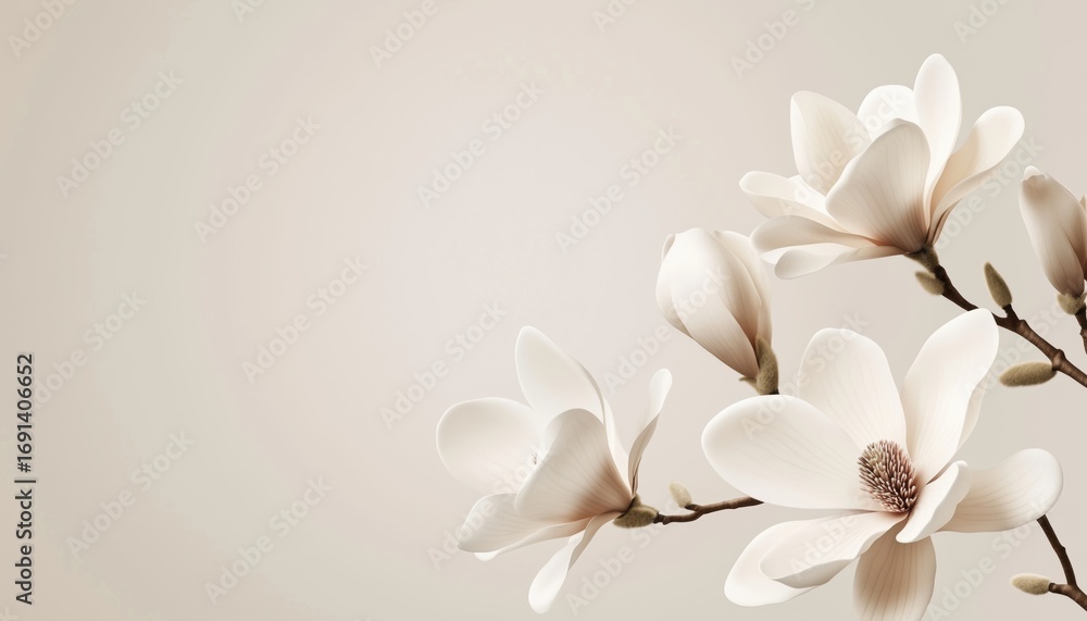 Fototapeta premium Modern Floral Template For Women'S Day, March 8, Birthday, And Mother'S Day Featuring Magnolia Flowers On A Spring Card Or Poster.