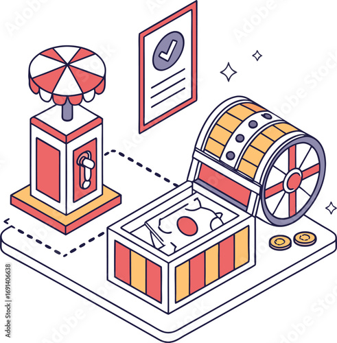 Isometric colorful icon showing a randomizer toggle, raffle ticket, generative art screen, and loot chest.