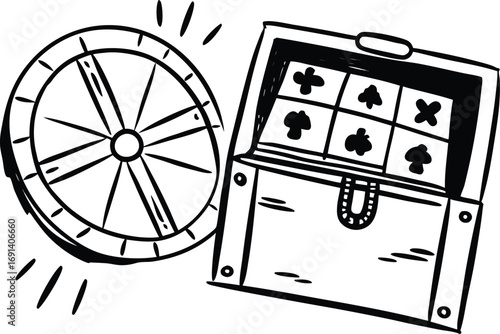 Pen sketch doodle of toggle button, lottery wheel, generative button, and loot chest.